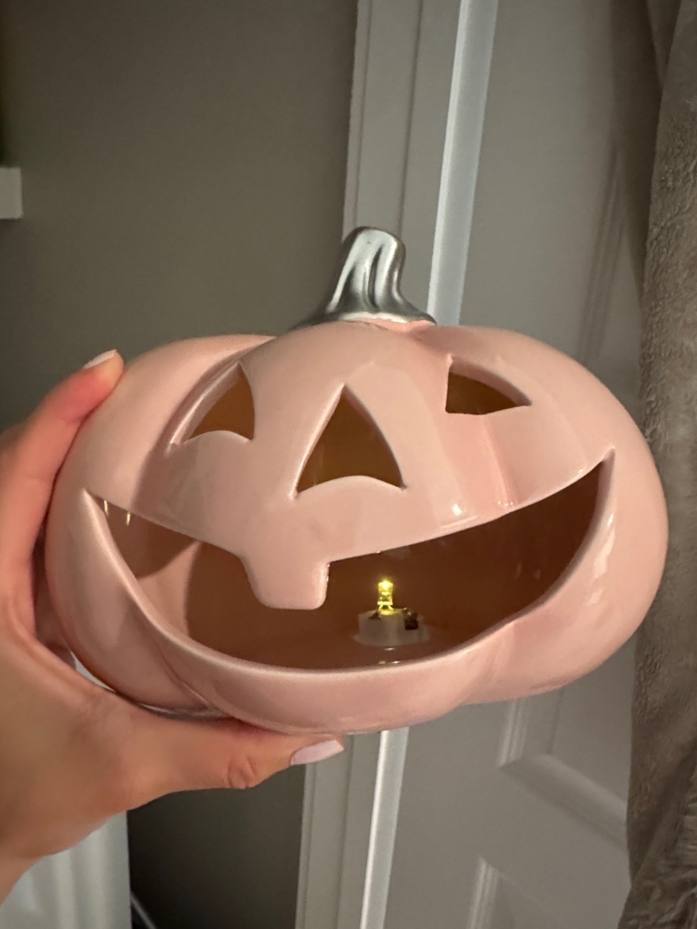 Pink Ceramic Light UpJack-O'-Lantern Pumpkin Decor - Picture 3 of 3